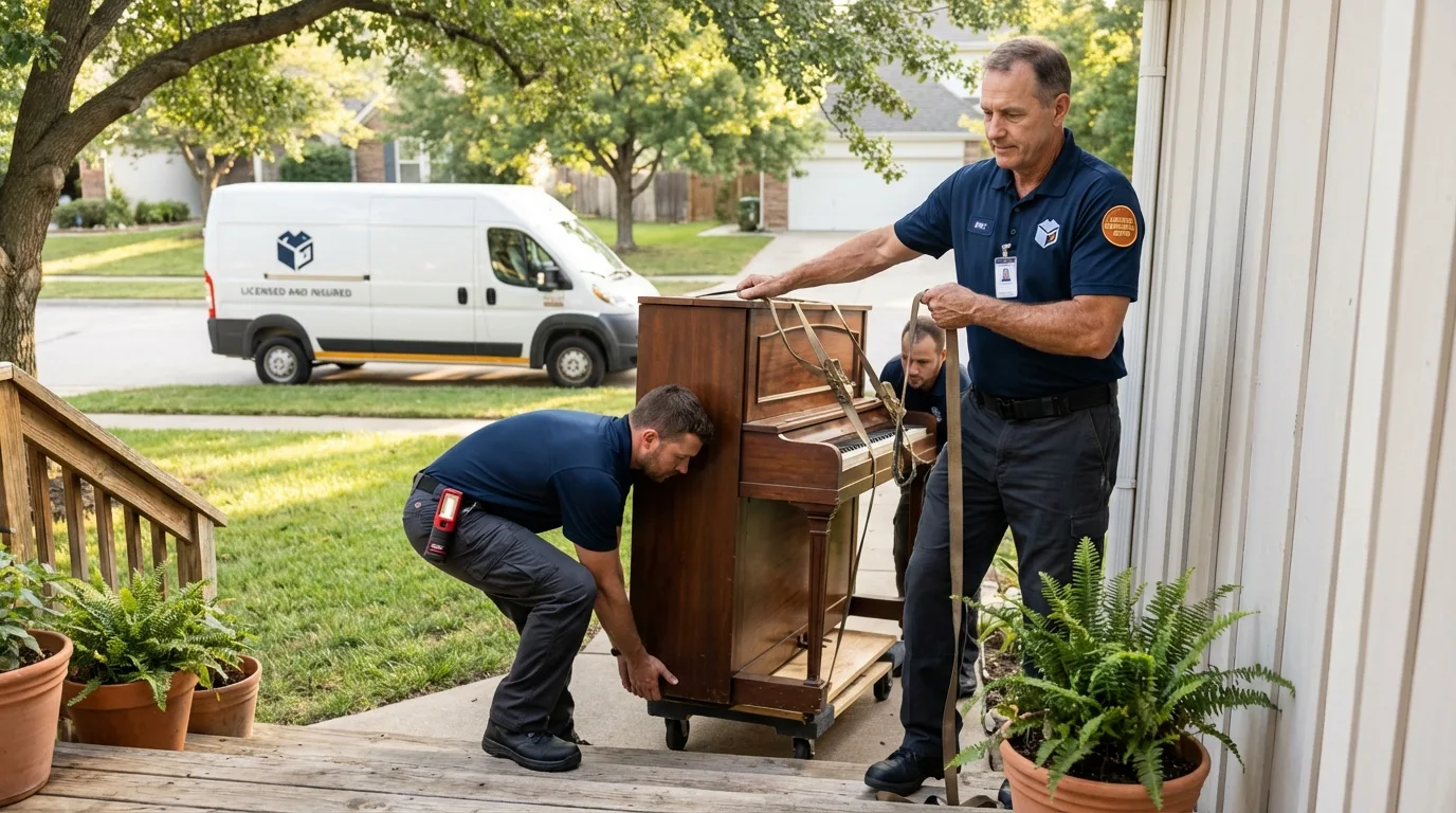 Licensed piano movers securing grand piano in Evansville, IN