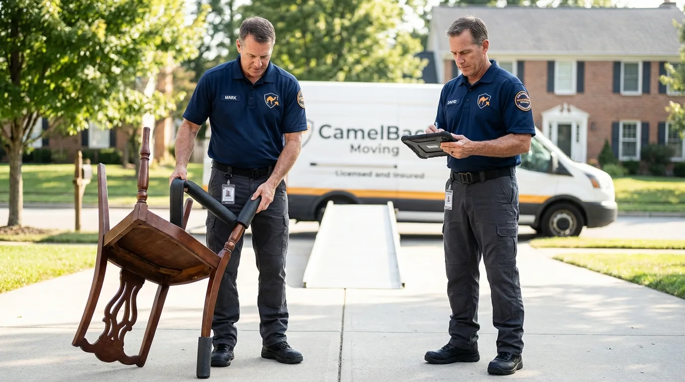 Movers inspecting furniture for damage prevention before loading in Evansville, IN