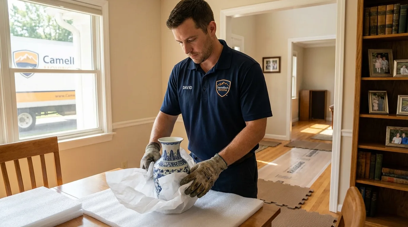 Professional crew carefully wrapping antique vase for senior downsizing move in Evansville, IN